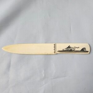 Vintage Eskimo Carved Letter Opener Etched Fishing Scene Decor Folk Art Bone OG